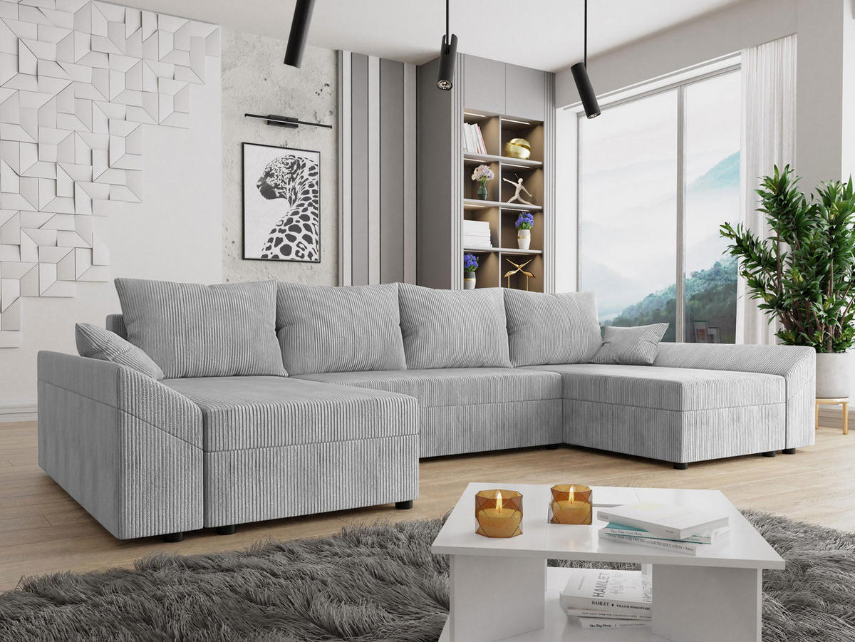 WOHNLANDSCHAFT Dante U Cord - Hellgrau/Schwarz, Holz/Kunststoff (310/82/140cm) - MIRJAN24