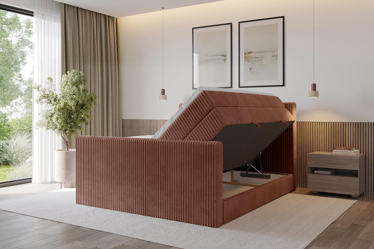 BOXSPRINGBETT mit Matratze H3|H4 und Lattenrost - TOLO-Z KING 200x200 Cord - Ziegelrot - Rostfarben, Holzwerkstoff (200/200cm) - ALTDECOR