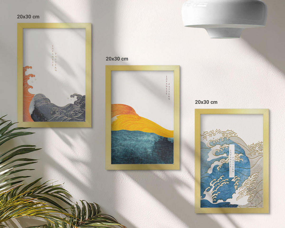 BILDER SET 3er Set - 20x30 cm Goldrahmen - Wellen des japanischen Grafikstils - Goldfarben, Kunststoff (20/30cm) - TULUP