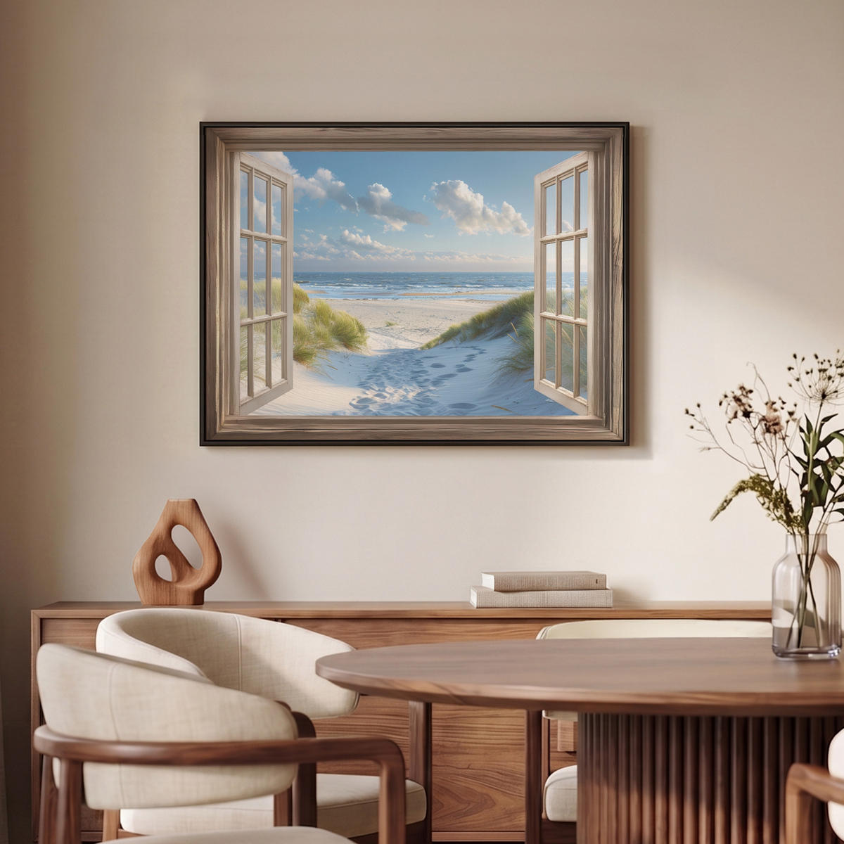 LEINWAND Bilder mit Rahmen - Aussicht - Strand - Fenster - Dünen - Meer - 70x50 - Hellblau, Textil (70/50cm) - MuchoWow