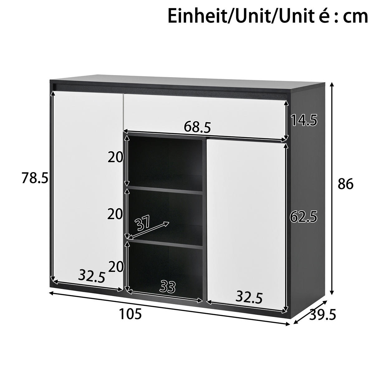 SCHUHSCHRANK in Weiß und Schwarz Schuhkommode mit LED-Beleuchtung für 12–17 Paar Schuhe, B105/T39.5/H86 cm - Schwarz/Weiß, Holzwerkstoff/Metall (105/86/39.5cm) - STILVORA