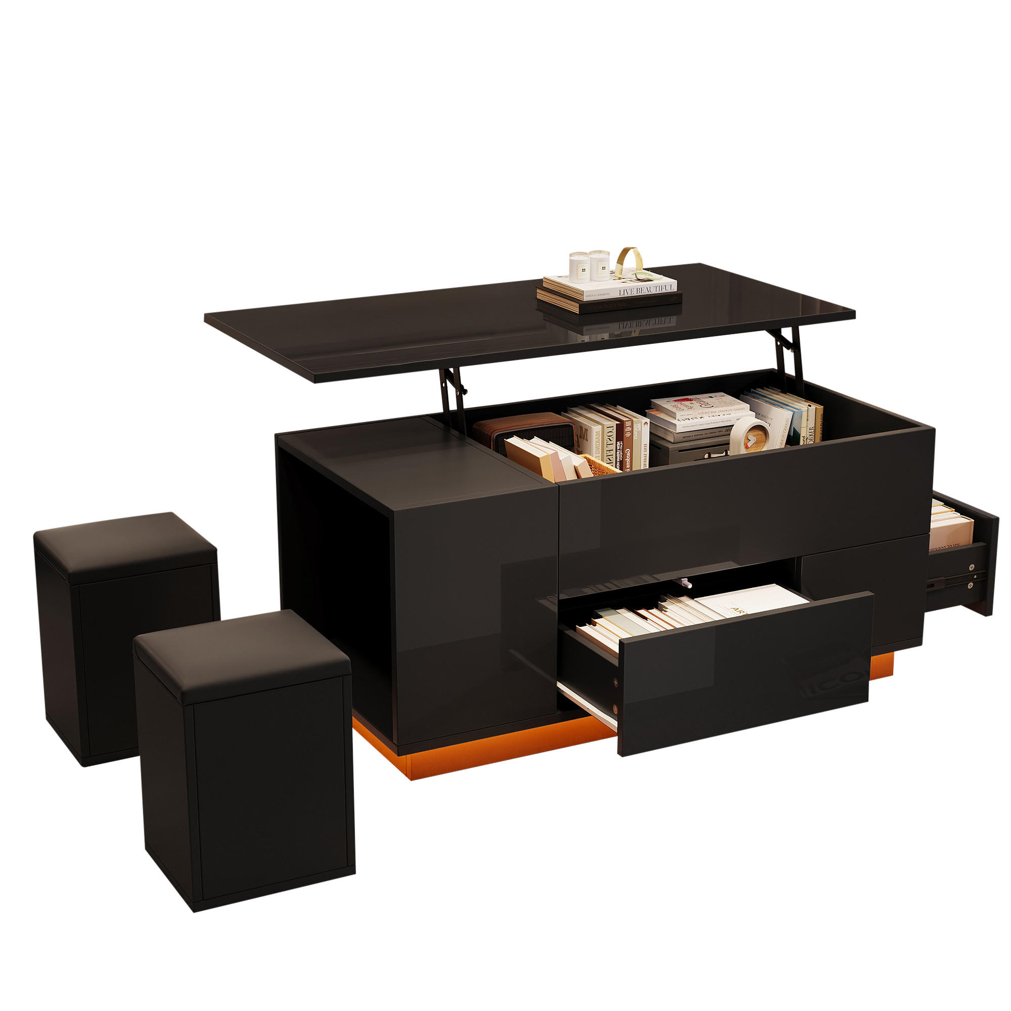 COUCHTISCH 3-tlg 100x50x45cm -höhenverstellbar mit LED und 2 Hockern - Schwarz, Holz (62.76/50.8/20.32cm) - Raelunyi