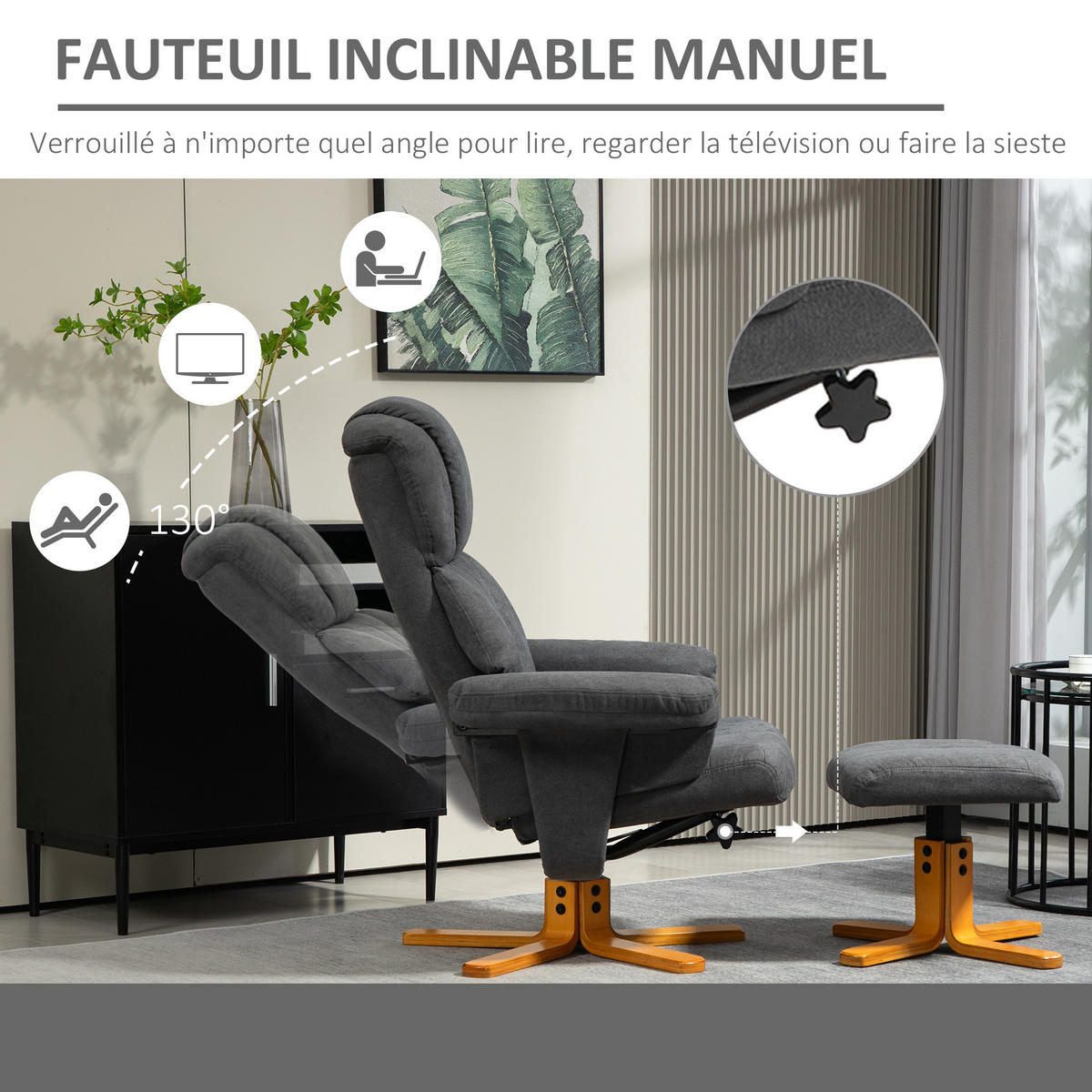 RELAXSESSEL DE-17423 130° neigbar mit Fußstütze Dunkelgrau - Dunkelgrau, Holz (79/104/80cm) - ComfortXL