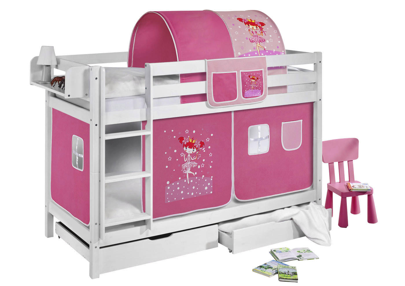 ETAGENBETT JELLE 90x200 cm Zauberfee - Hochbett - inkl. Vorhang und 2 Lattenrosten - Weiß, Holz - Lilokids