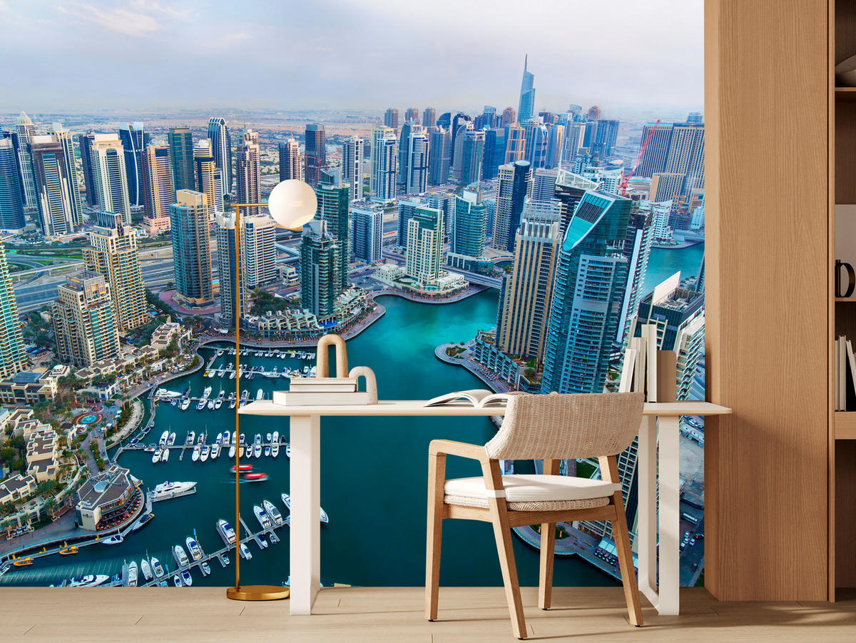 FOTOTAPETE für Wohnzimmer Dubai Vogelperspektive Wolkenkratzer 450x315 - Türkis/Blau, Papier (450/315cm) - Muralo