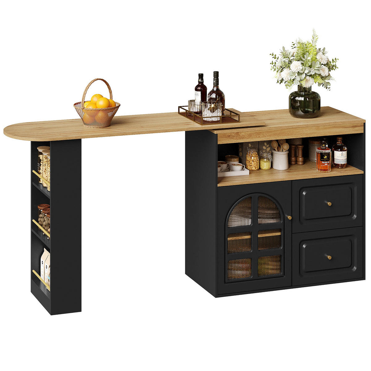 STEHTISCH 138-204x39x104cm Schwarz mit Snackregal & Drehfunktion - Schwarz, Holzwerkstoff (204/104/39cm) - Modfu