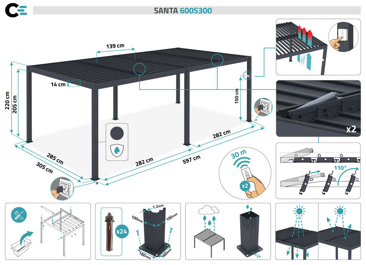 PERGOLA BIOCLIMATISCH MOTORISIERTE Santa graue 6m x 3m - Grau, Metall (304/220/304cm) - Cazeboo
