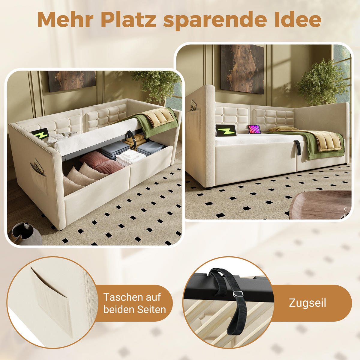 POLSTERBETT aus Samt 90x200 cm in Beige mit USB-C Ladestation & Stauraum - Beige, Textil (90/200cm) - Modfu