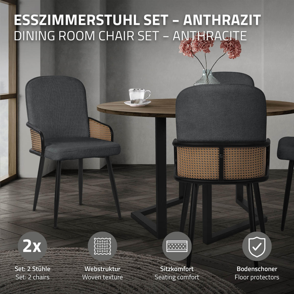 ESSZIMMERSTÜHLE 4er Set Anthrazit mit Stoffbezug Rattan Optik - Anthrazit/Schwarz, Naturmaterialien/Textil (51/91/61cm) - ML-DESIGN