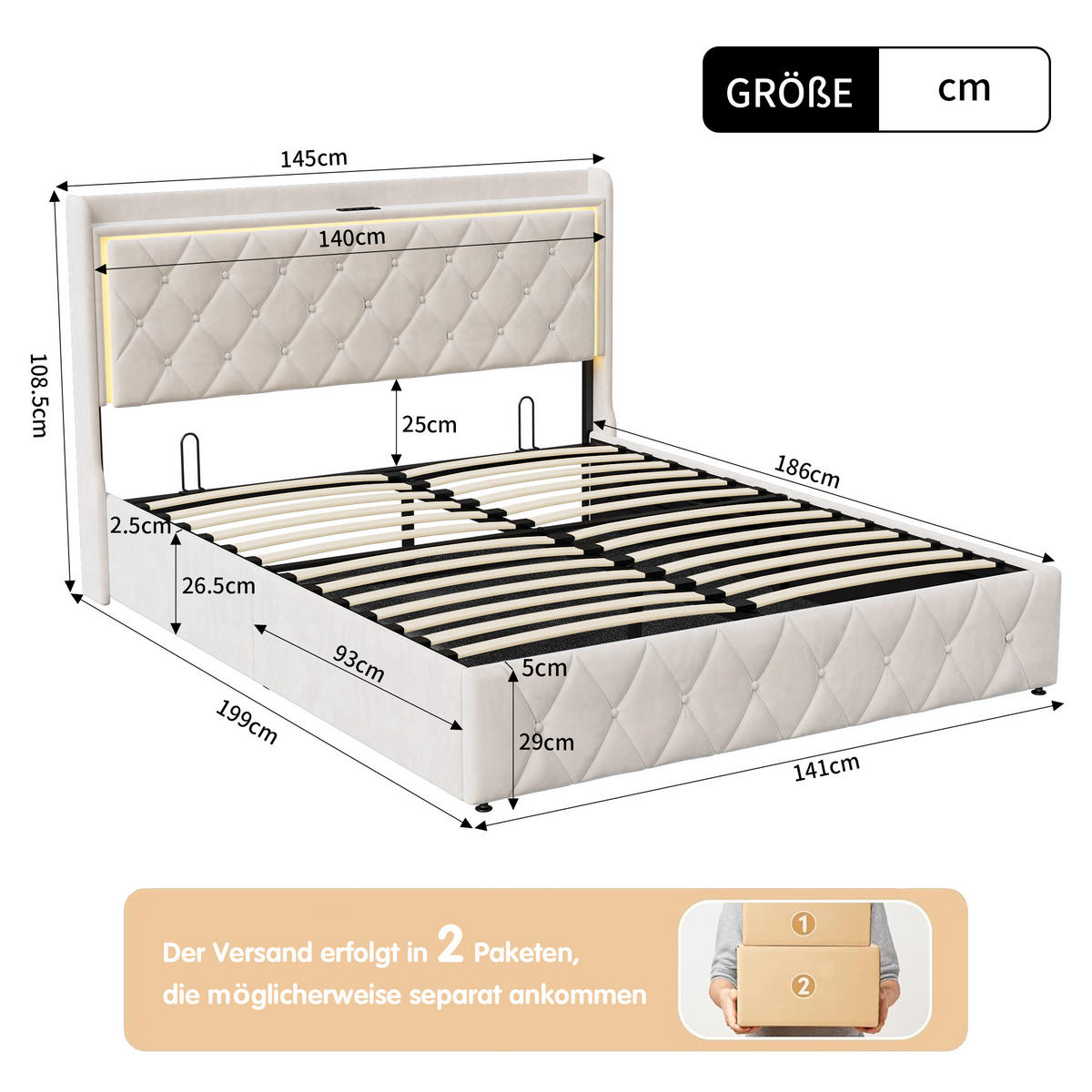 POLSTERBETT 140x200 cm Beige mit LED, USB und Type-C, Stauraumkopfteil & Bettkasten - Beige, Holz (140/190cm)