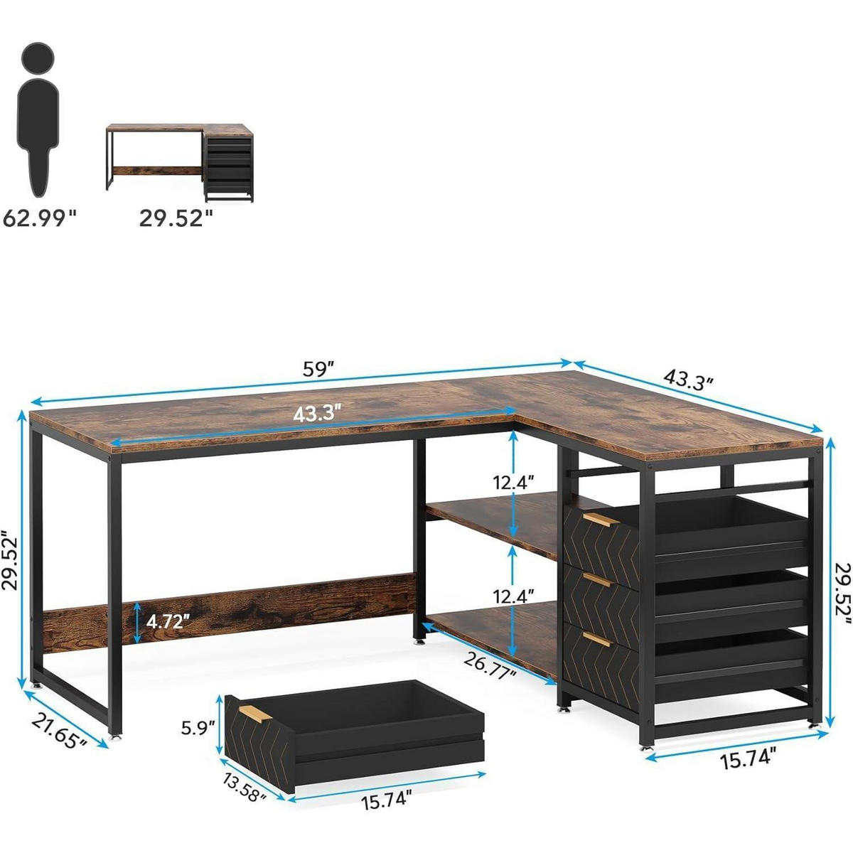 SCHREIBTISCH L-Form mit 4 Schubladen und 2 Ablagen braun 150 x 110 x 75 cm - Braun, Holzwerkstoff (150/110/75cm)