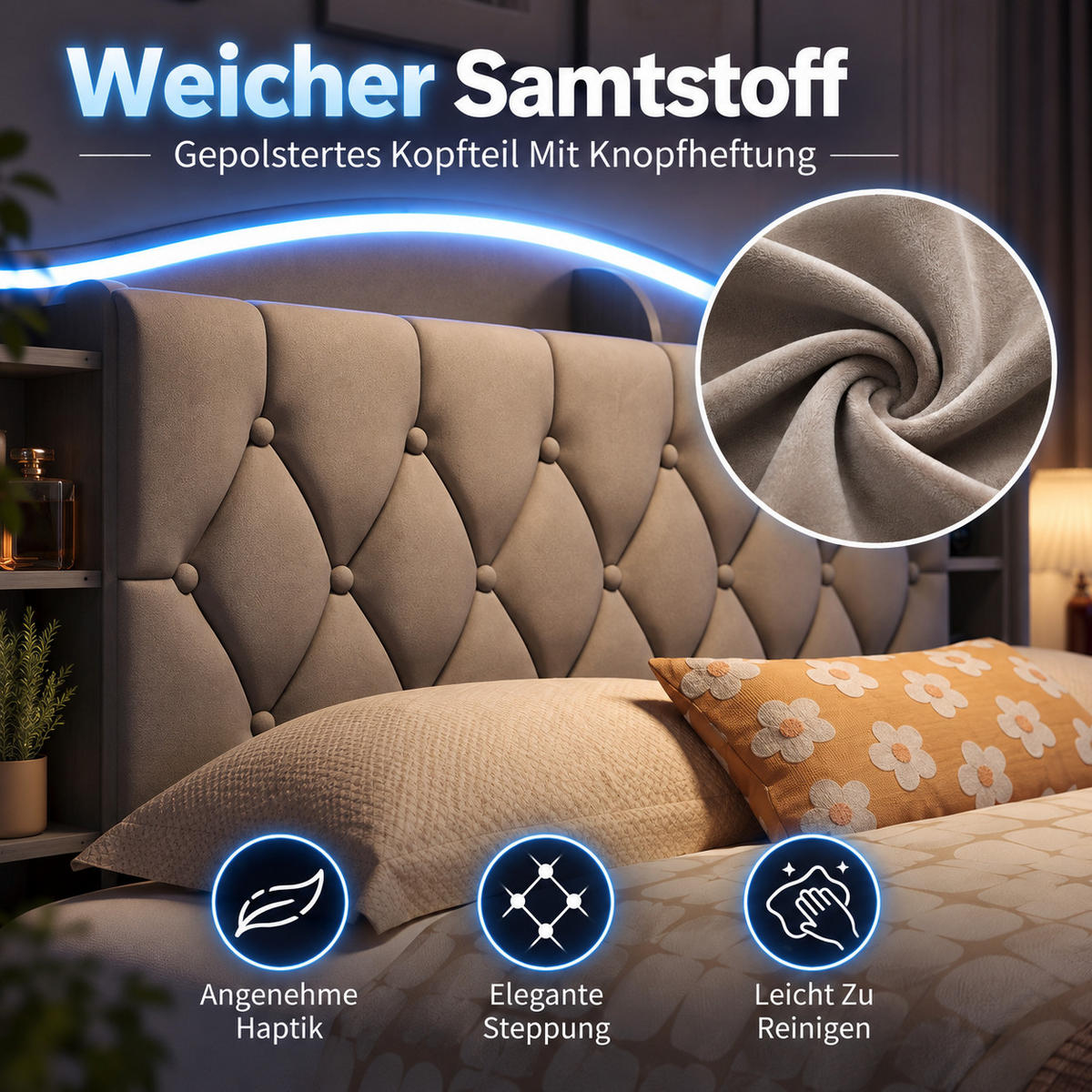 POLSTERBETT 140/190 cm mit Stauraum-Bettkasten, Ablagekopfteil mit Seitenfächern, mehrfarbigem LED-Licht & USB-Anschluss, grauer Stoffbezug - Grau, Holz/Metall (140/190cm) - Joyfair
