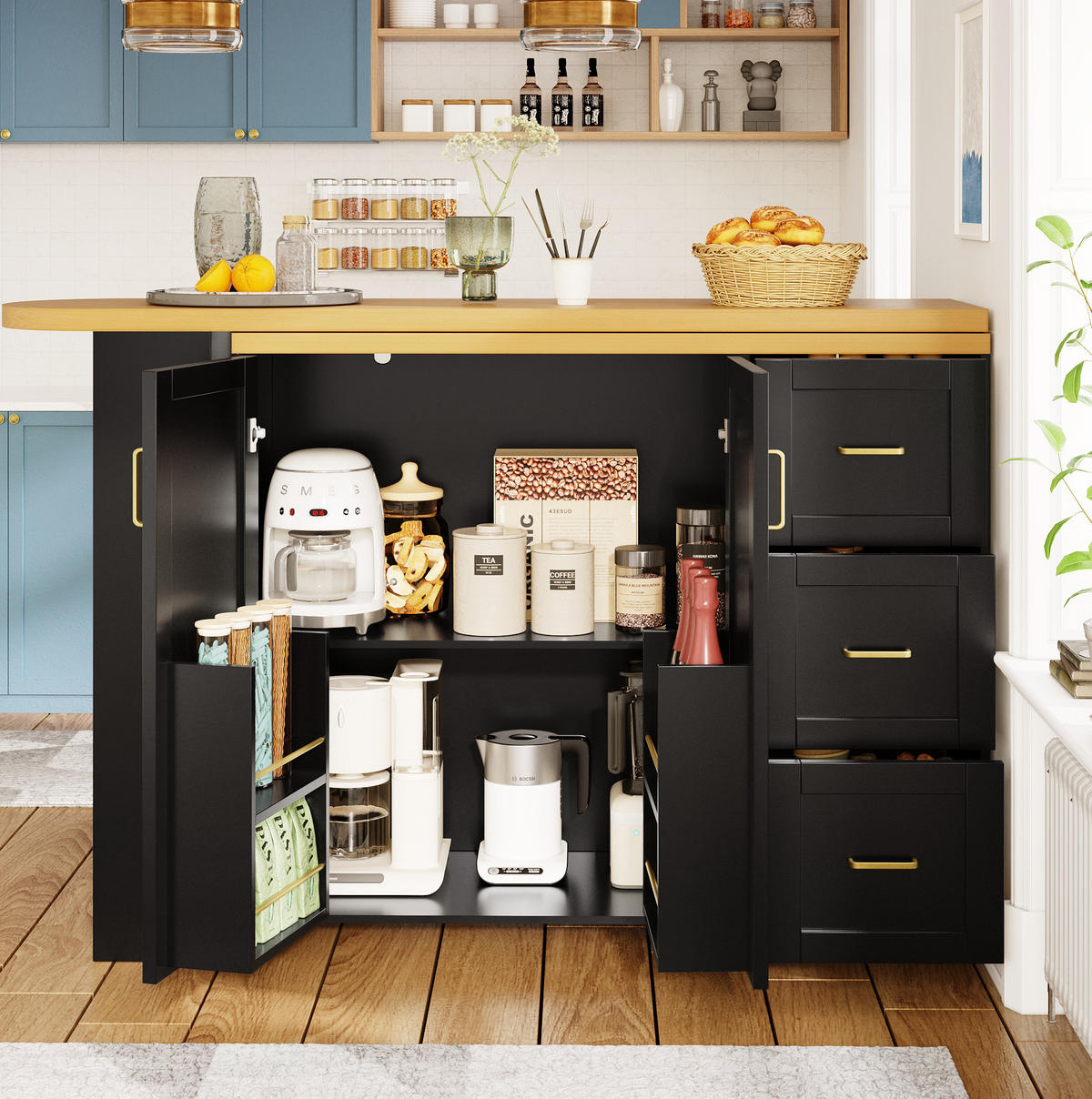 BARTISCH ausziehbar mit Stauraum & 5 Rollen, 135-228/39/104 cm, Schwarz - Schwarz, Holzwerkstoff (39/104/135cm) - Redom