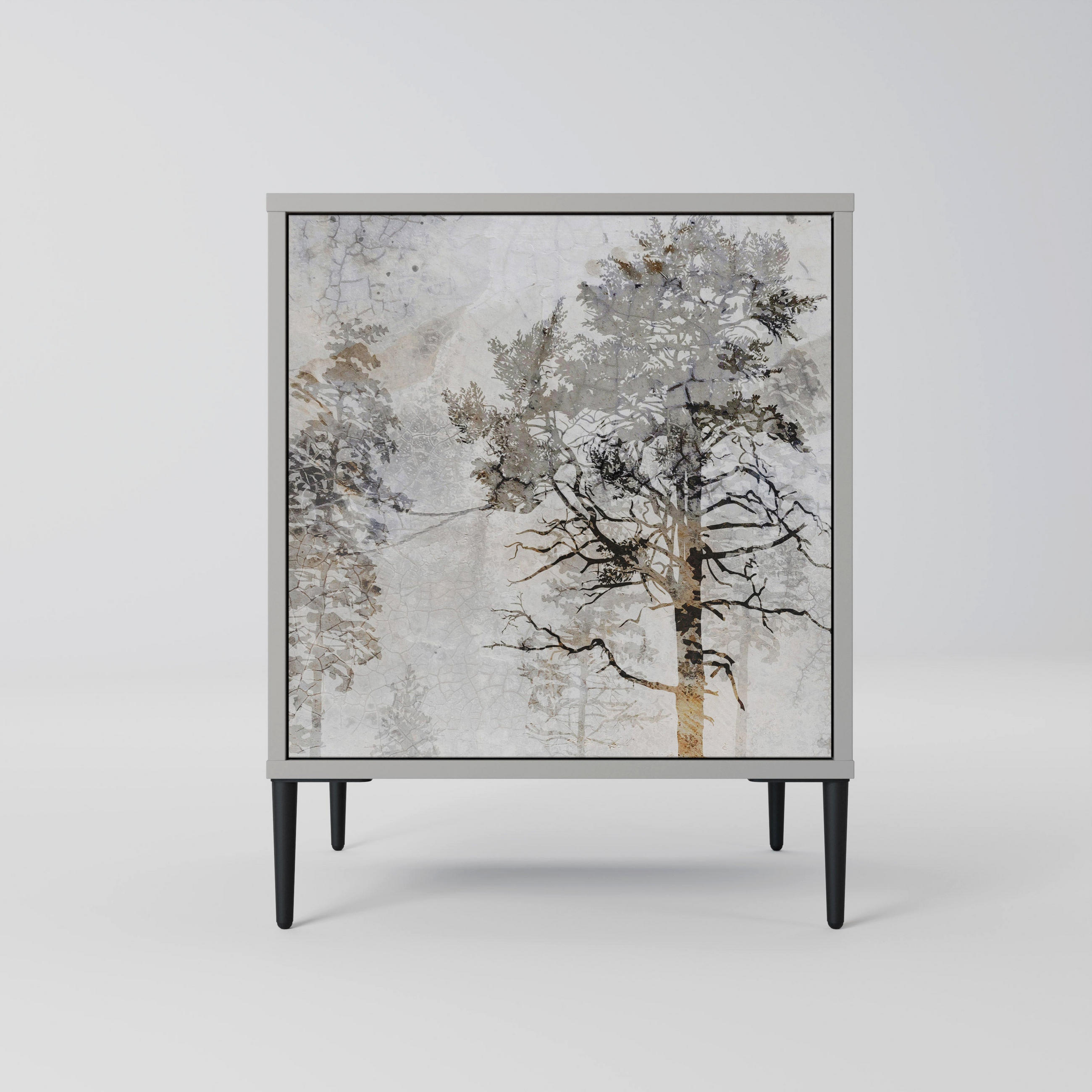 SIDEBOARD FADE IN THE TREES, Grau, 57,5x42x72,5 cm, Schwarze Metallfüße - Multicolor/Schwarz, Holzwerkstoff/Metall (57.5/72.5/42cm) - SpaceRebels