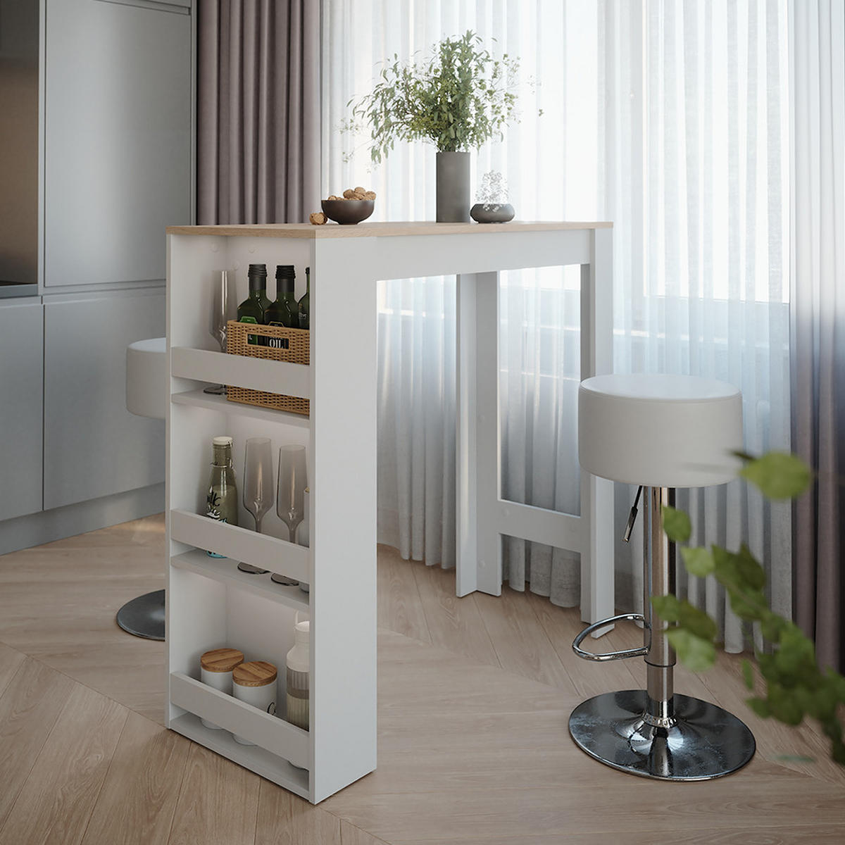 STOJACÍ BAROVÝ STŮL SE ŽIDLEMI Repose Bílá/Sonoma - bílá, kompozitní dřevo (110/45/106cm) - Vicco