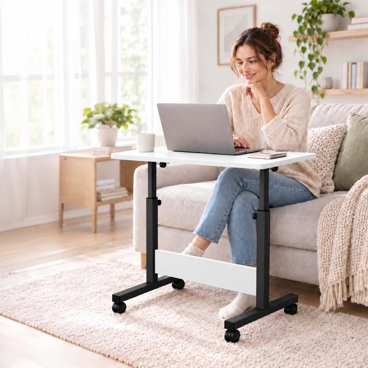 MASĂ Neagră reglabilă pe înălțime cu roți blat înclinabil formă C 67-90 cm - negru, material plastic/compozit lemnos (40/60/90cm) - Relaxdays