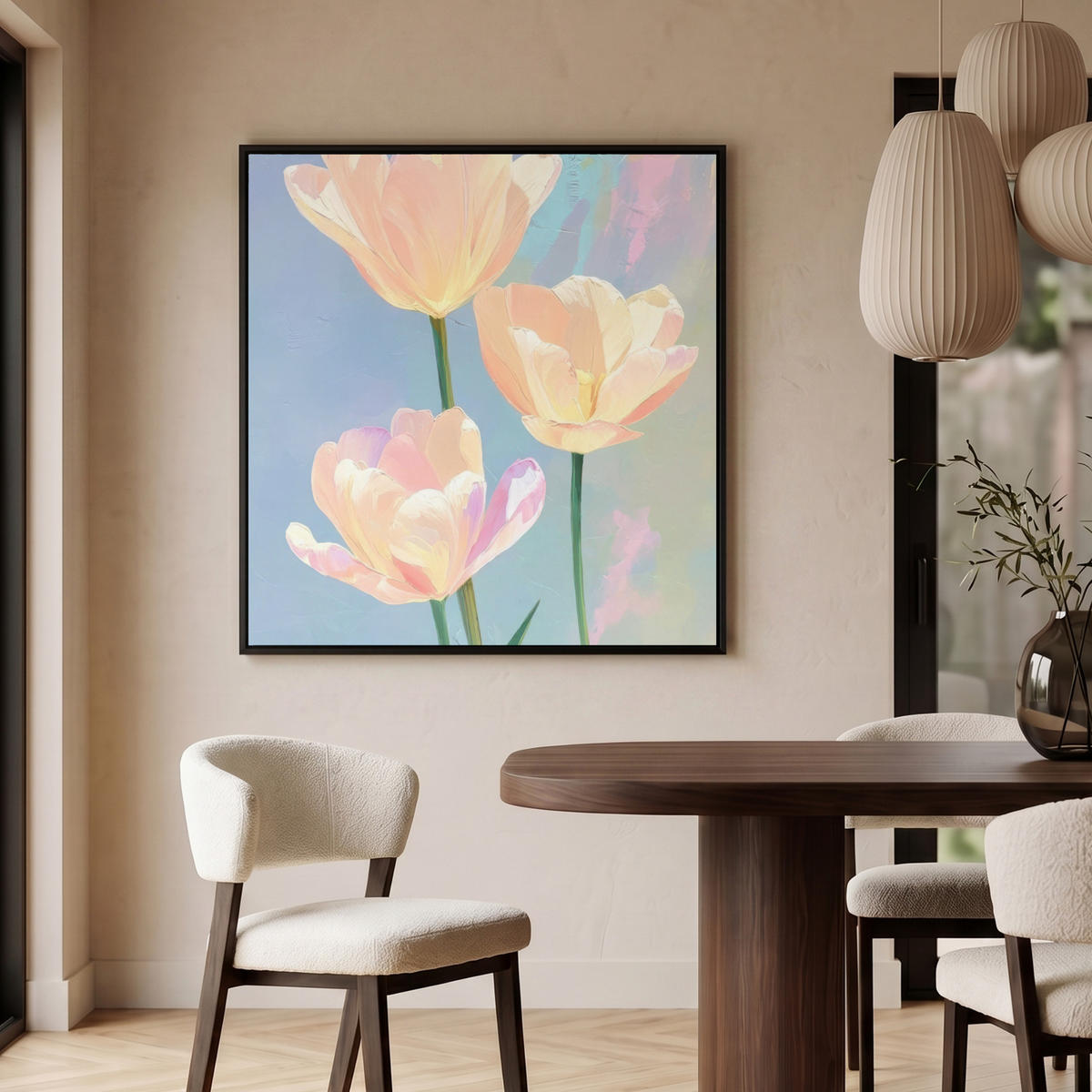 LEINWAND Bilder mit Rahmen - Tulpen - Rosa Akzente - Blau - 90x90 - Pastellblau, Textil (90/90cm) - MuchoWow