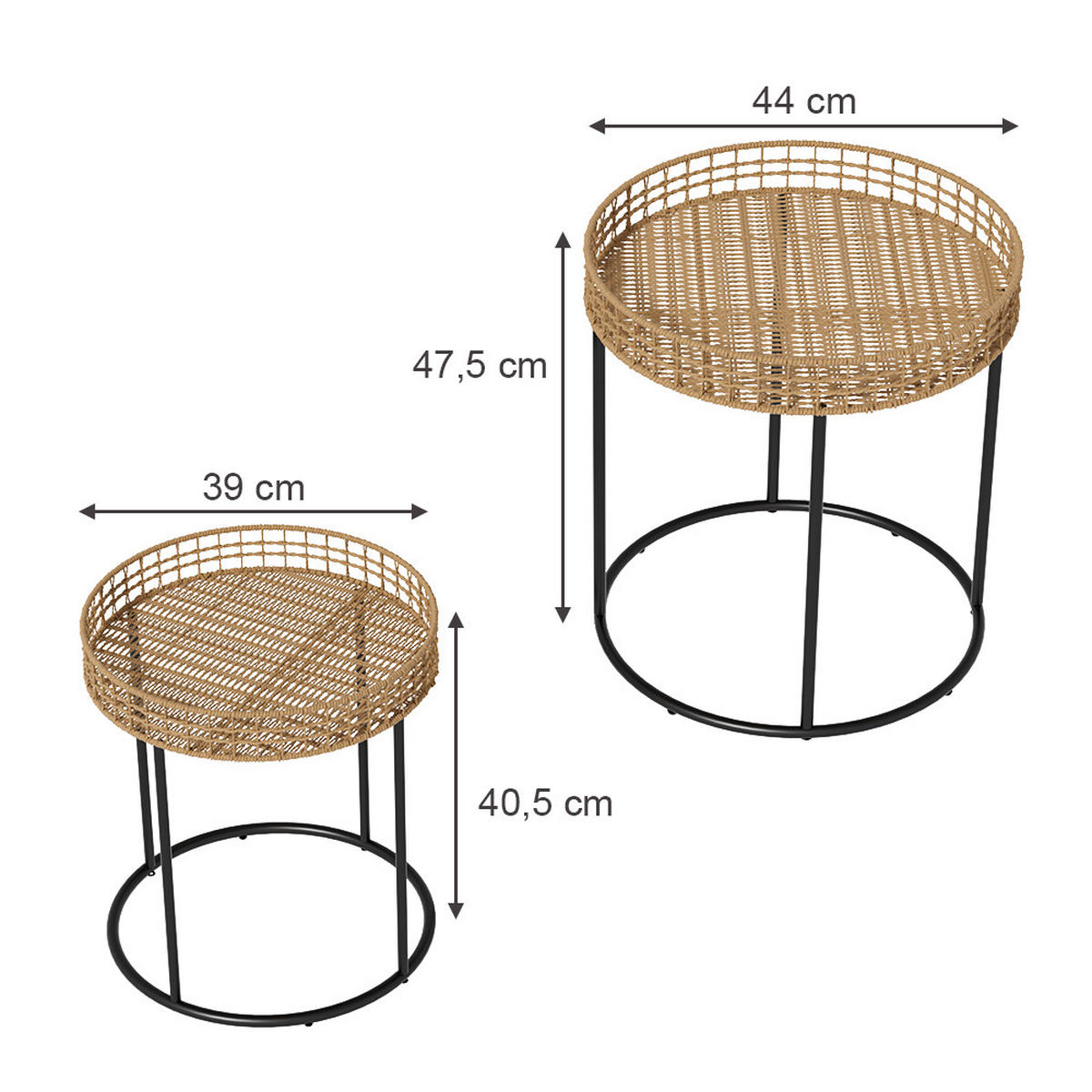 COUCHTISCH-SET Brunswick Holz 44 x 44 cm 2er-Set - Schwarz/Sonoma Eiche, Metall (44/44/47.5cm) - Vicco