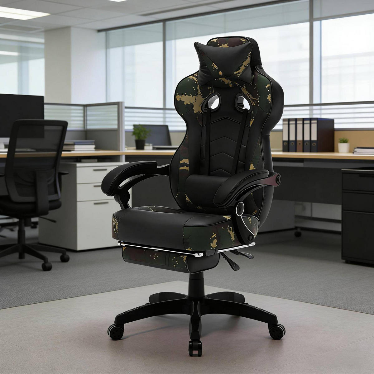 GAMING-STUHL höhenverstellbar mit Fußstütze Kunstleder Schwarz/Grün - Schwarz, Metall (46/128/70cm) - Meubliv