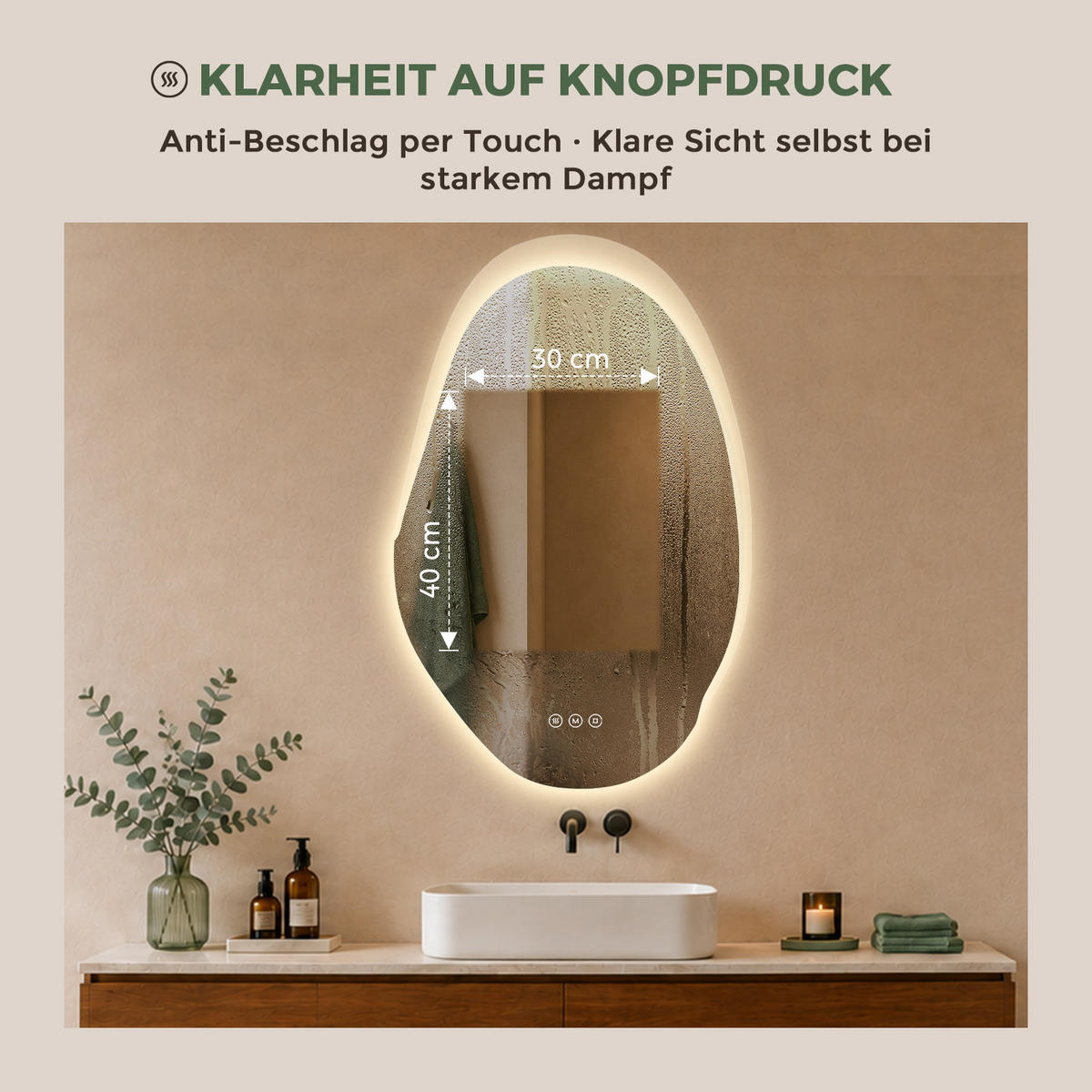BADSPIEGEL mit Beleuchtung 55/85 cm asymmetrisch rahmenlos LED dimmbar mit Antibeschlag - Transparent, Glas (85/55/2.5cm) - S'AFIELINA