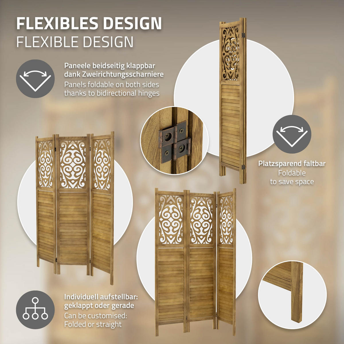 PARAVENT 3 teilig Tokio 170x121 cm Naturaus Holz - Braun, Holz (121/170/2cm) - ML-DESIGN