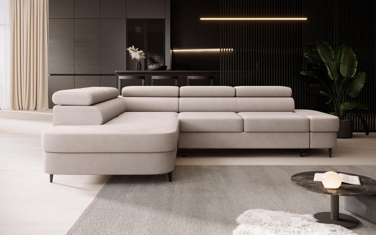 ECKSOFA Priam L-Form mit Schlaffunktion und Stauraum Modern Form Beige - Beige, Holz/Textil (275/203cm) - Muffo