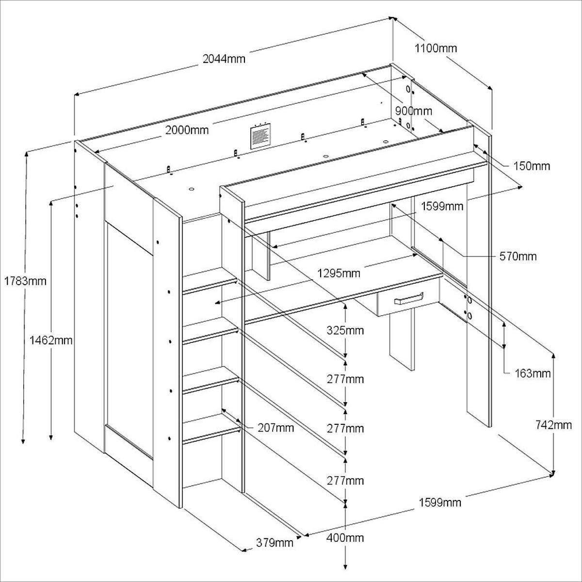 HOCHBETT mit Schreibtisch und Kleiderschrank Bett 90 x 200 cm - Eichefarben/Dunkelgrau, Holzwerkstoff/Kunststoff (90/200cm) - Parisot Meuble