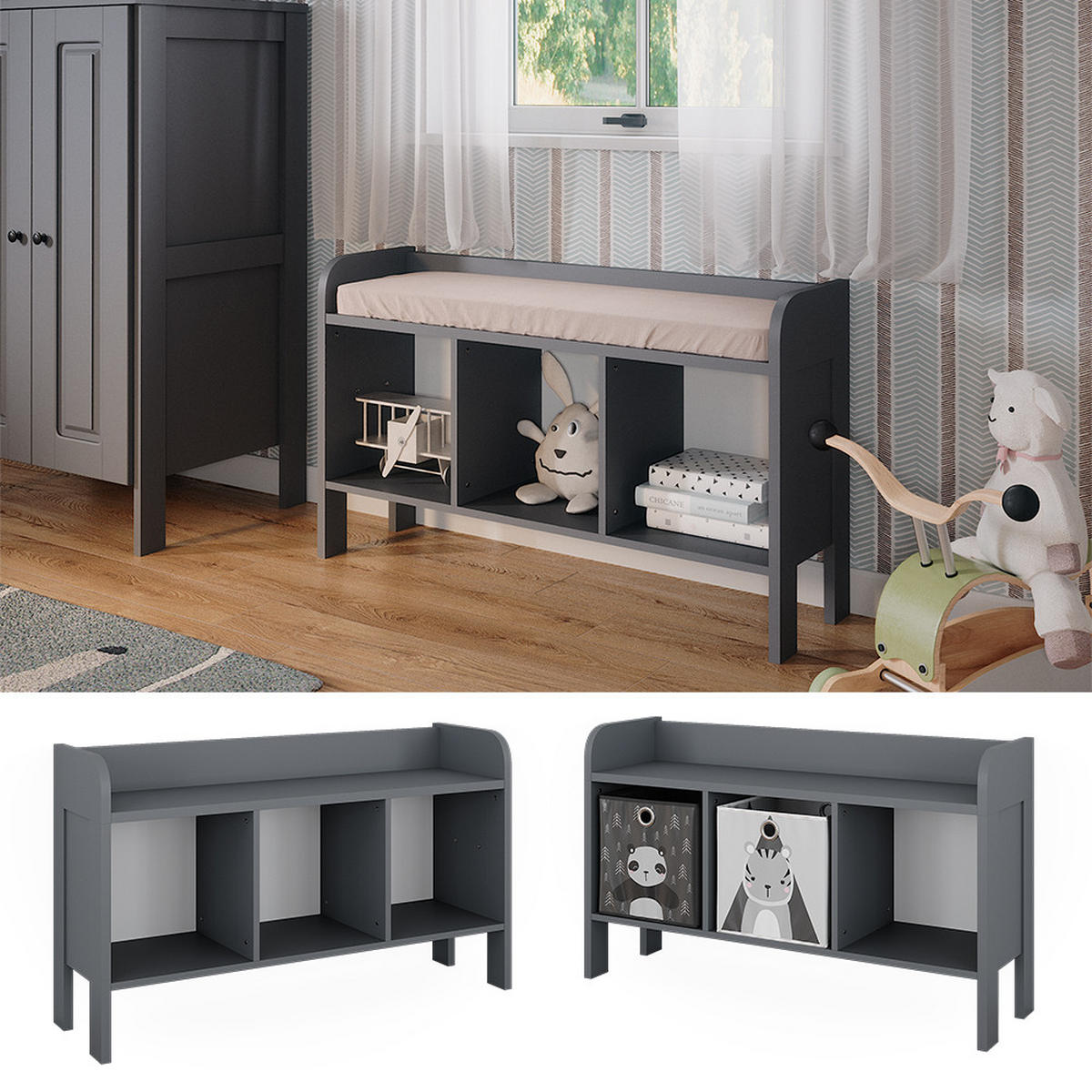 KINDERSITZBANK Ajaton Grau 107.2 x 63.8 cm - Grau, Holzwerkstoff (107.2/63.8/30.6cm) - VitaliSpa