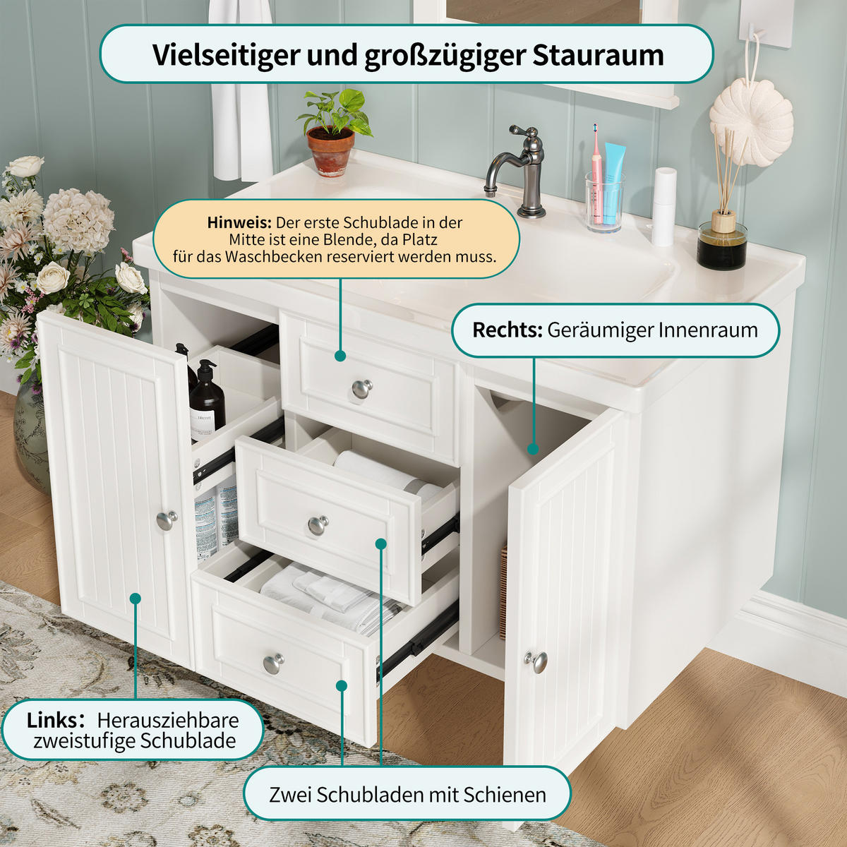 WASCHTISCH 78.5x46x46.8cm Weiß Mit 3 Schubladen & Waschbecken - Weiß, Holzwerkstoff (46/46.8/78.5cm) - FLIEKS