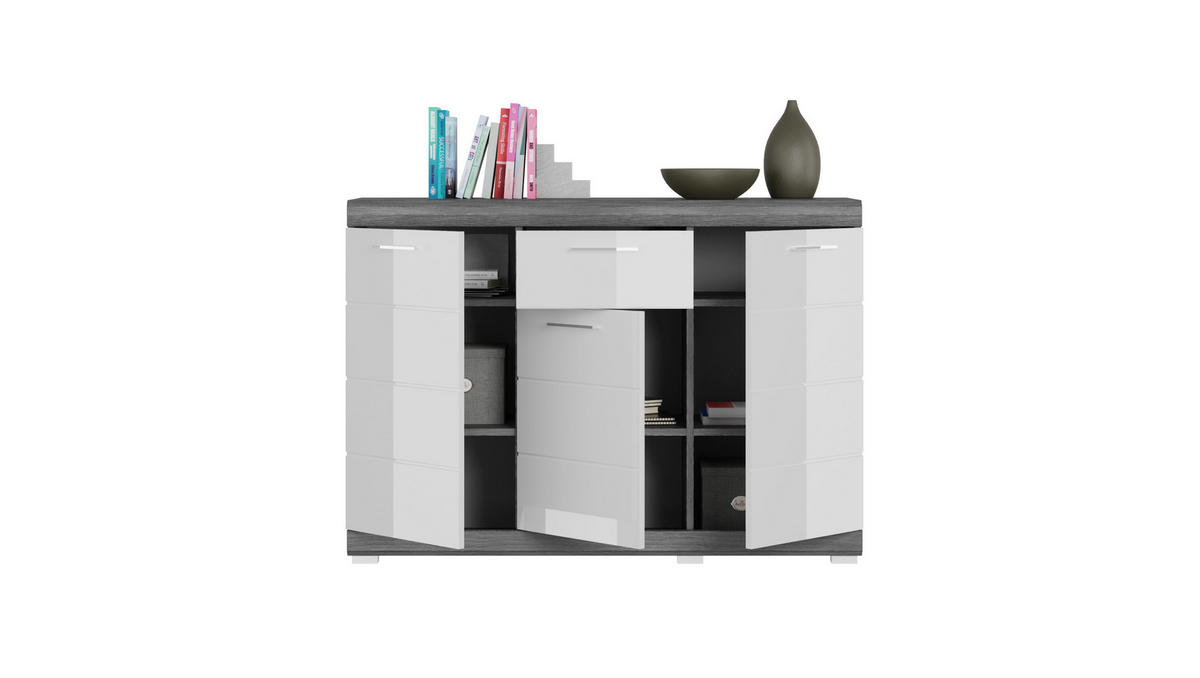 KOMMODE SCOUT (B/H/T: ca. 120/85/37 cm) in Rauchsilber Nachbildung/weiß hochglanz - Silberfarben, Holzwerkstoff (120/85/37cm)