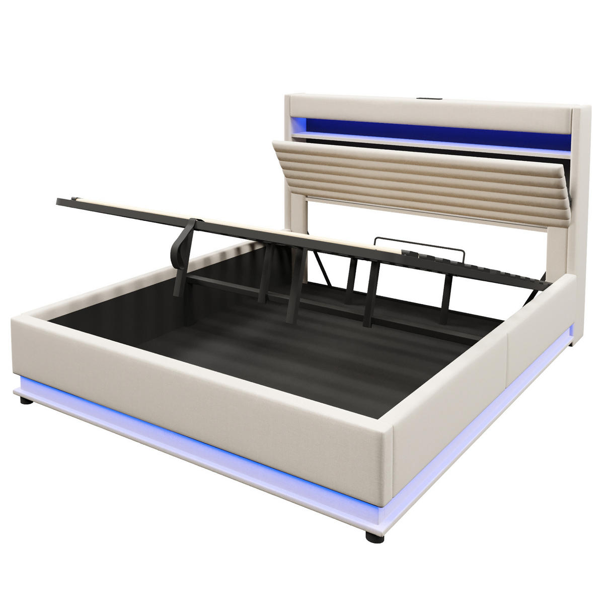 POLSTERBETT 180/200 cm mit LED-Beleuchtung, USB- und Typ-C-Anschluss, hydraulischem Stauraum und Kopfteilfach, Beige - Beige, Textil (180/200cm) - Redom