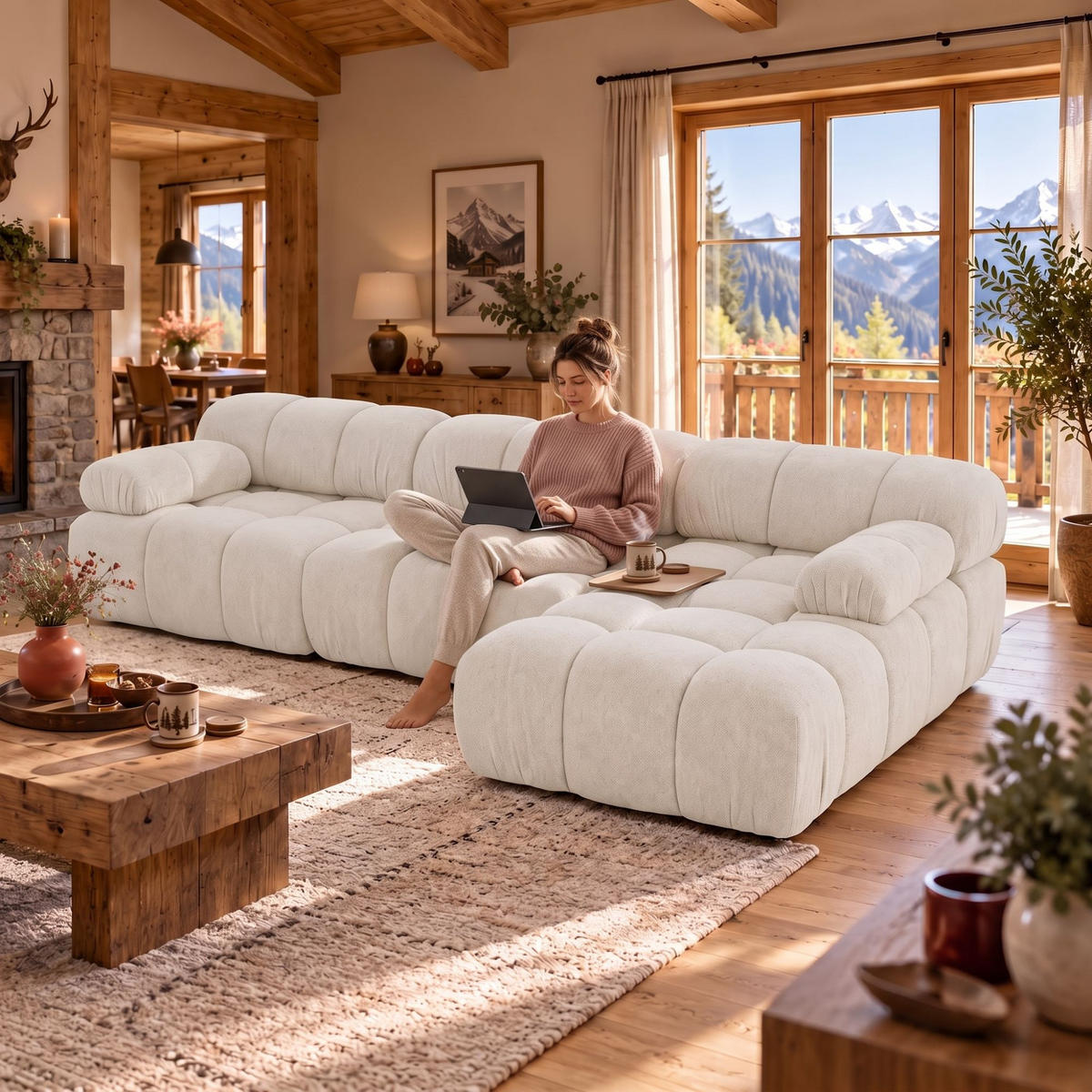 MODULARES Ecksofa MOMENTUM L, Rechts, Breite 282 cm, strukturierter Stoff, Weiß - Chromfarben/Weiß, Holz/Textil (155/282cm) - Muffo
