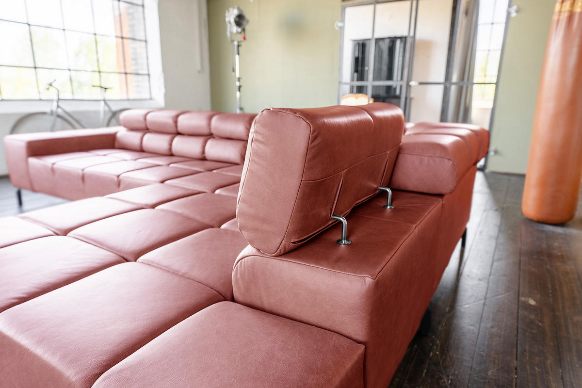 ECKSOFA NELSON Rot Leder Relaxfunktion - Rot/Schwarz, Leder/Metall (321/216cm) - KAWOLA