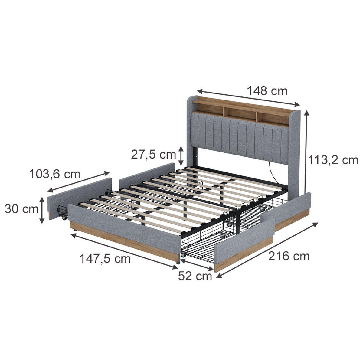 POLSTERBETT Nura Grau 140x200 cm mit 4 Schubladen - Eichefarben/Grau, Holzwerkstoff - VitaliSpa