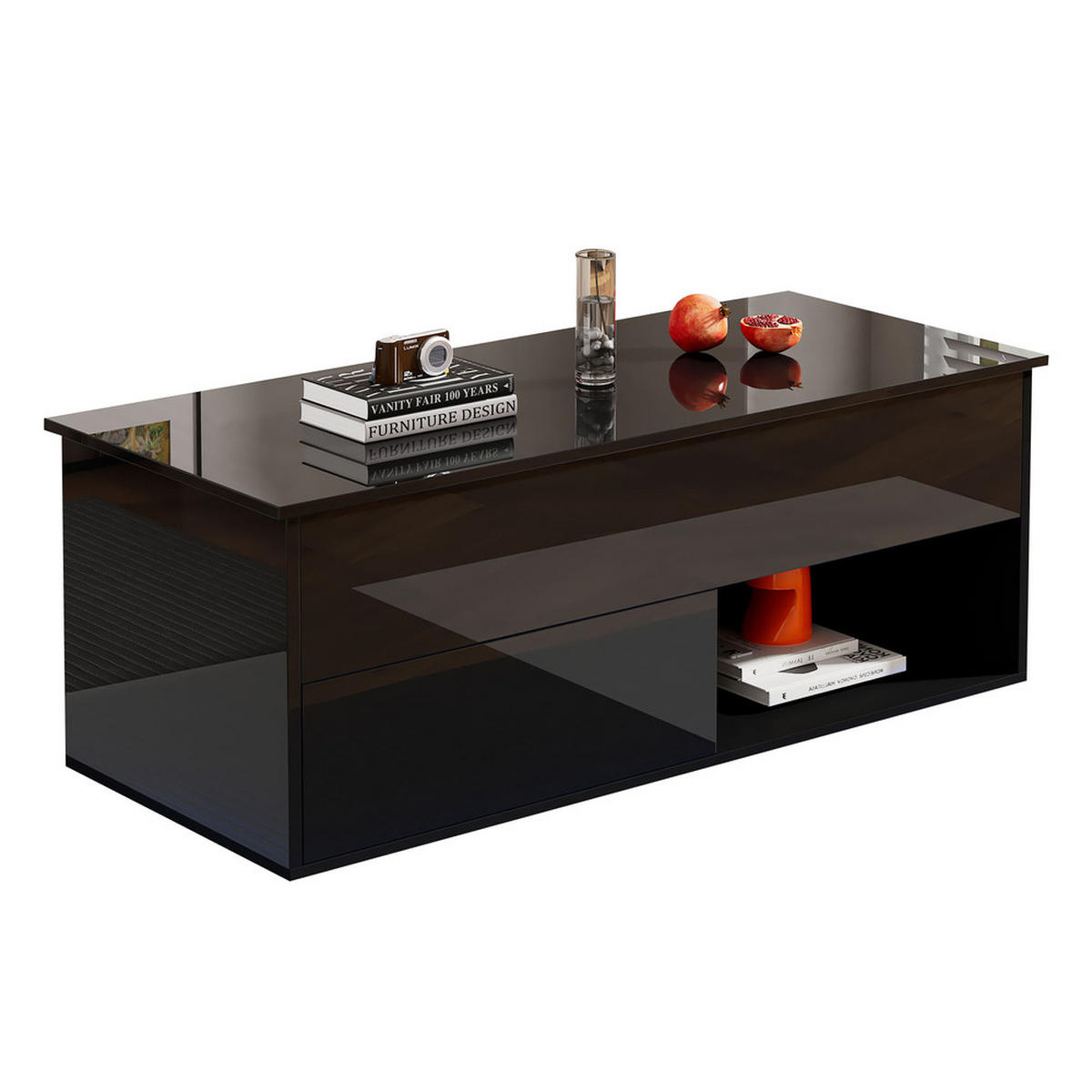 COUCHTISCH 100x50cm Schwarz Hochglanz LED Hydraulik Lift Mehrstufiger Raum - Schwarz, Holz (65.41/62.23/14.61cm) - FLIEKS