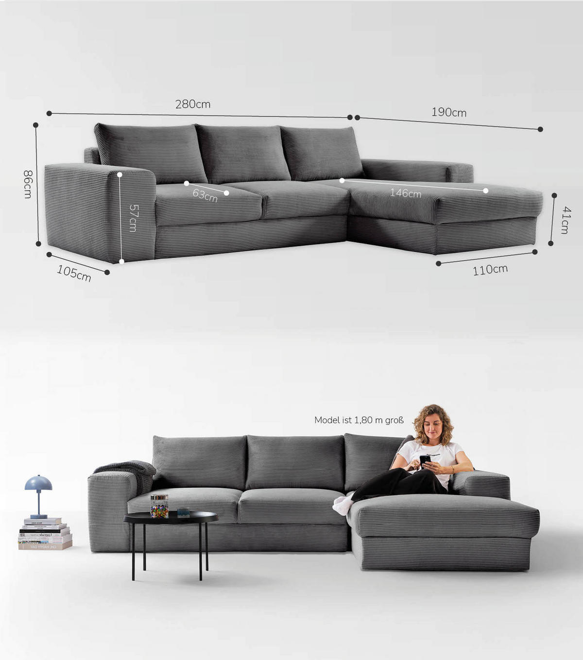 ECKSOFA Der Klassiker Recamiere rechts - Anthrazit, Textil (280/190cm) - Mokebo
