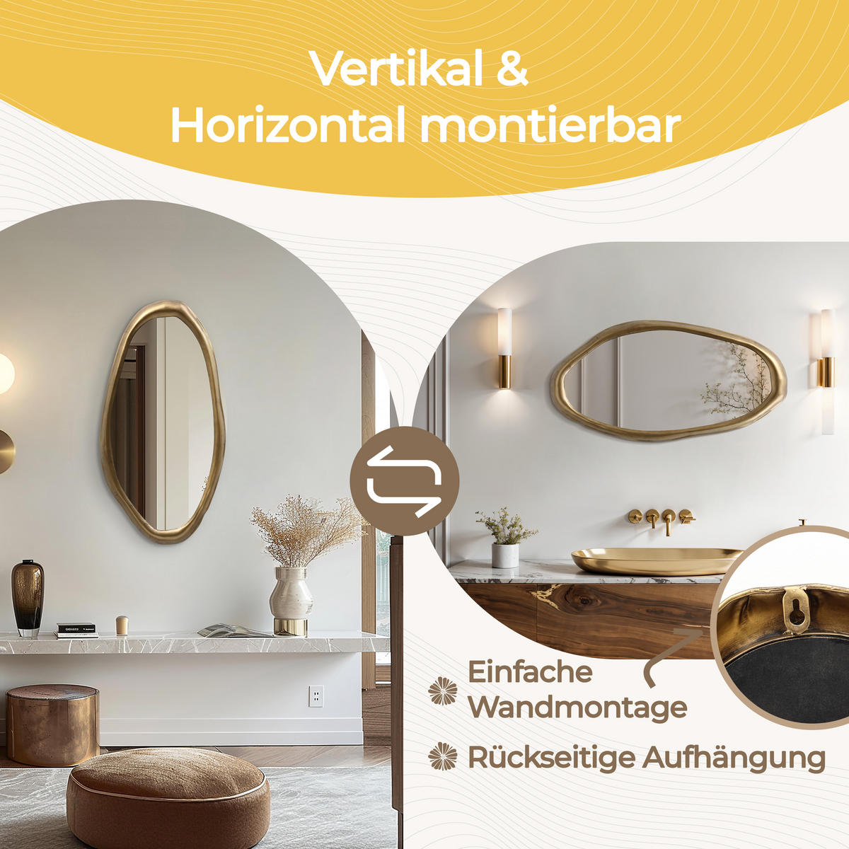 OVALER Wandspiegel 75 cm x 40 cm – Goldener Metallrahmen Geeignet für Wohnzimmer, Schlafzimmer, Badezimmer und Flur - Goldfarben, Glas (40/2.5/74cm) - Hometopia