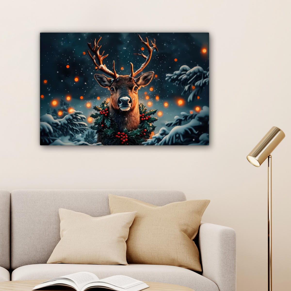 LEINWANDBILD Hirsch - Weihnachten - Winter - Schnee - Weihnachtskranz Gemälde 60x40 cm - Dunkelbraun, Textil (60/40cm) - MuchoWow