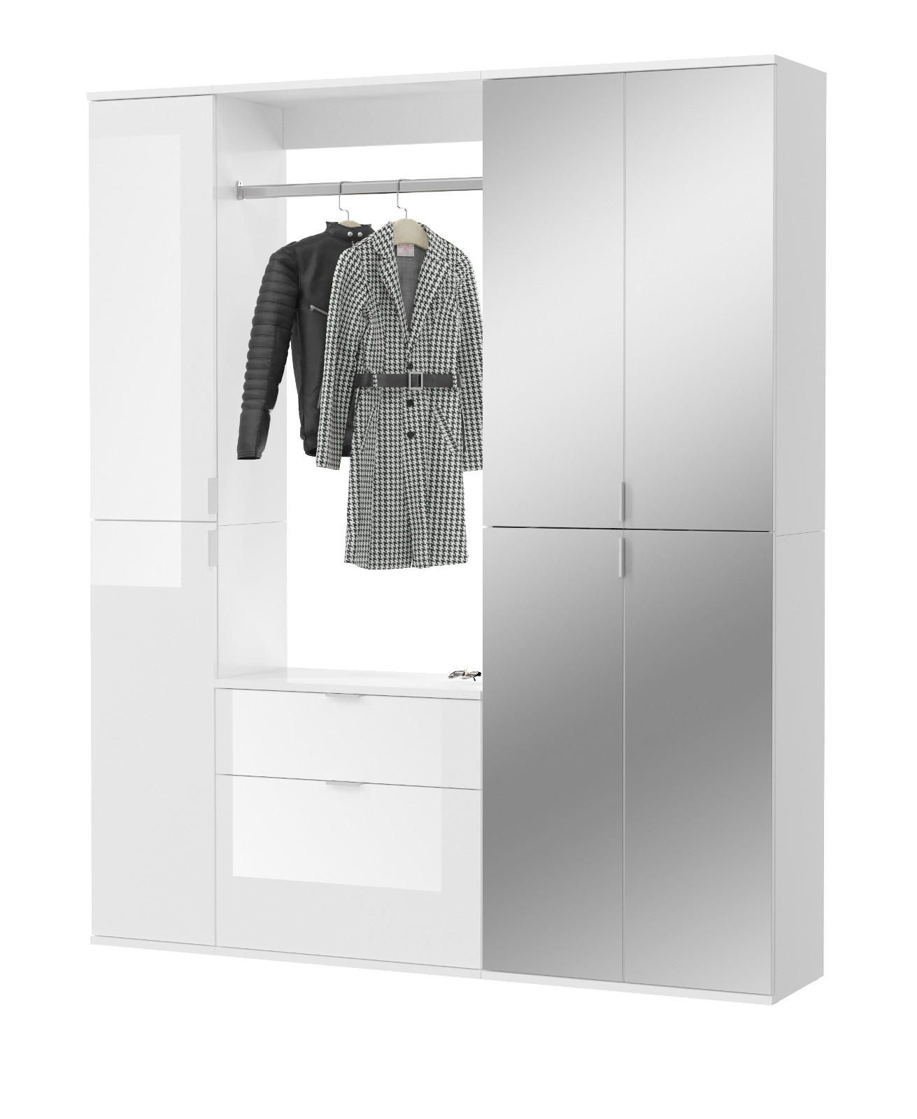 GARDEROBENSCHRANK weiß Hochglanz 152 cm mit Spiegeltüren, Garderobenset - Chromfarben/Weiß Hochglanz, Glas/Holzwerkstoff (153/193/34cm) - Inn.Furn