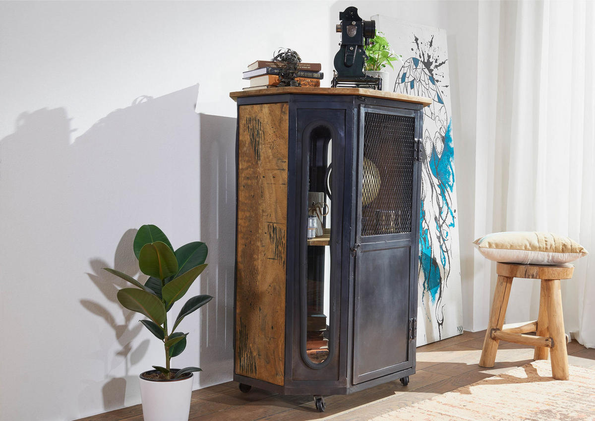 VITRINE Mango 76x60x120 natur lackiert RAILWAY #130 - Naturfarben, Holz (76/120/60cm) - Massivmoebel24