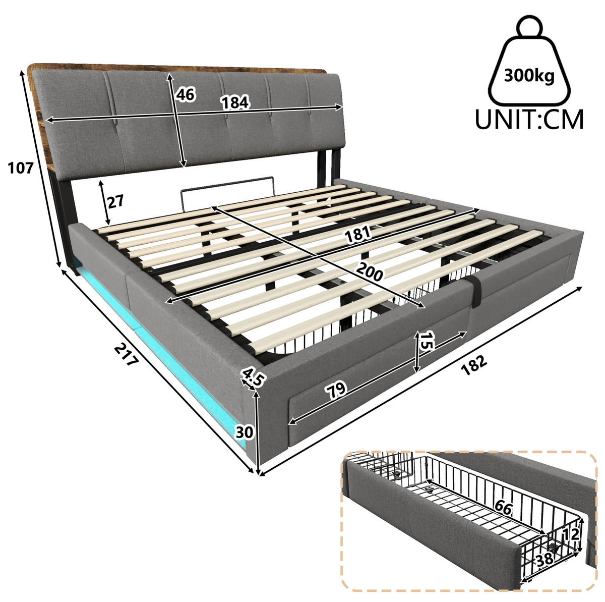 POLSTERBETT mit Stauraum 180x200 cm Leinen Grau mit USB und LED - Grau, Metall (180/200cm) - Meubliv