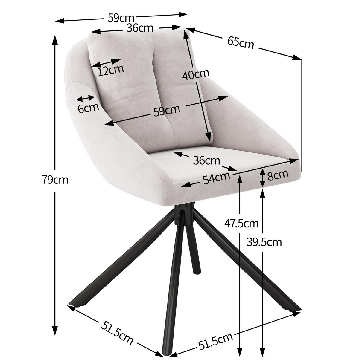 DREHSTUHL ergonomisch Samt Beige 6er-Set - Beige, Metall (54/79/65.2cm) - Meubliv