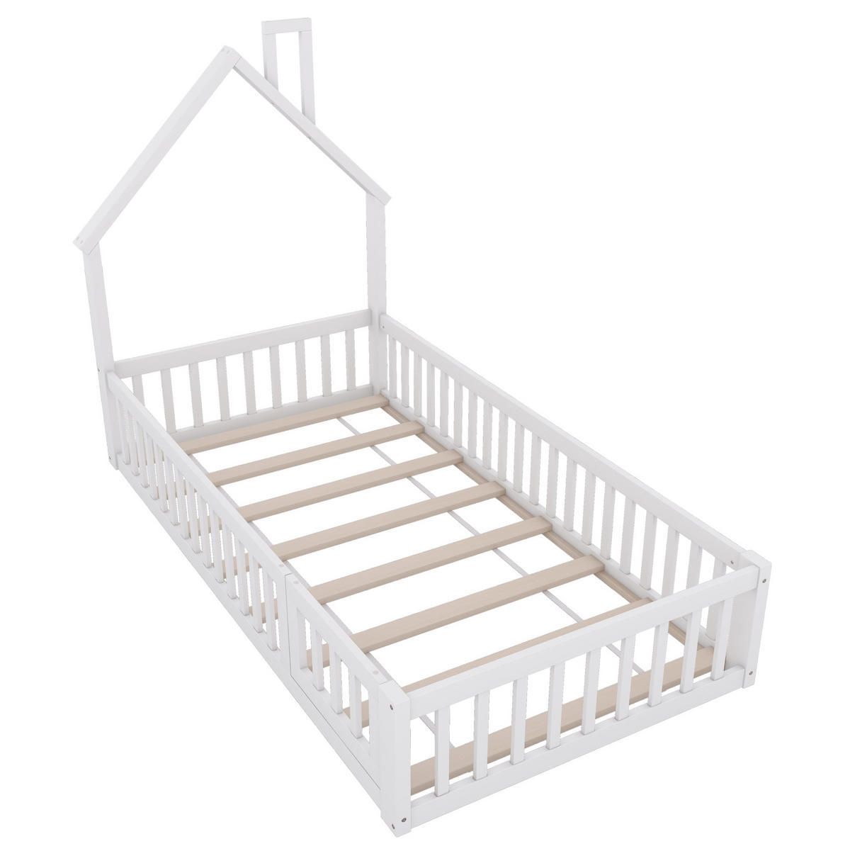 HAUSBETT Schornsteinform 90/200 cm, Weiß mit Sicherheitsgitter ohne Matratze - Weiß, Holz (90/200cm) - MIVRAY