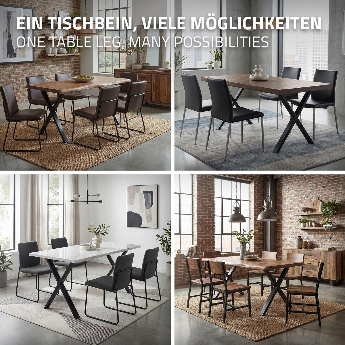 TISCHBEINE Metall Schwarz 2er Set 60x72 cm Flach Tischgestell aus Stahl X-Form - Schwarz, Metall (60/72/8cm) - ML-DESIGN