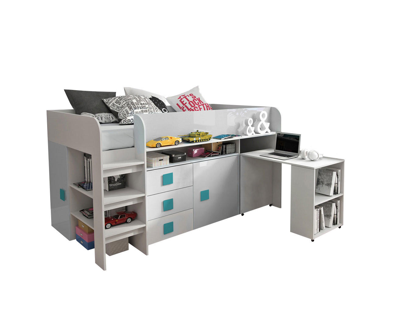 HOCHBETT Toledo weiß / weiß Hochglanz - Griffe türkis 204 / 106 / 125cm - Türkis/Weiß, Holz/Holzwerkstoff (90/200cm) - Feldmann-Wohnen