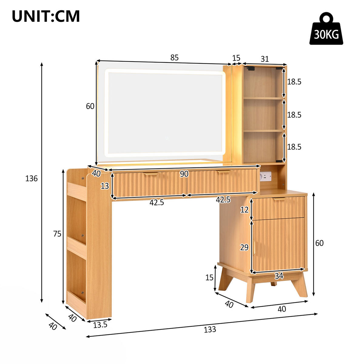 SCHMINKTISCH LED Spiegel USB Schubladen Weiß Modern - Naturfarben, Holzwerkstoff (133/136/40cm) - FLIEKS
