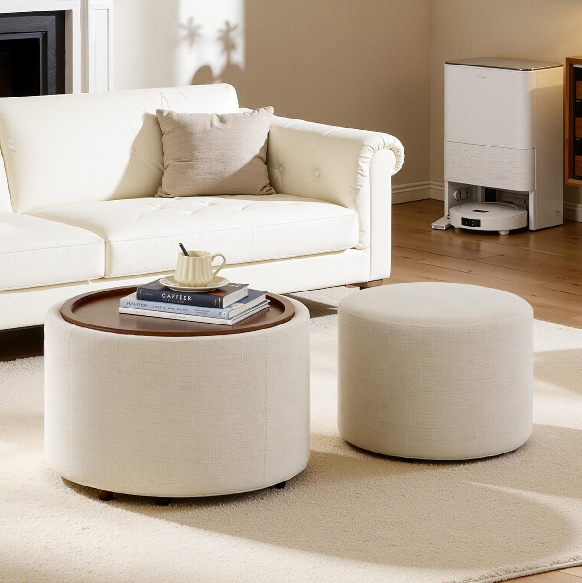 COUCHTISCH 58/58/38 cm mit Stauraum, Holzablage und Nestfunktion aus Leinen, Beige - Beige, Textil (58/58/38cm) - Redom
