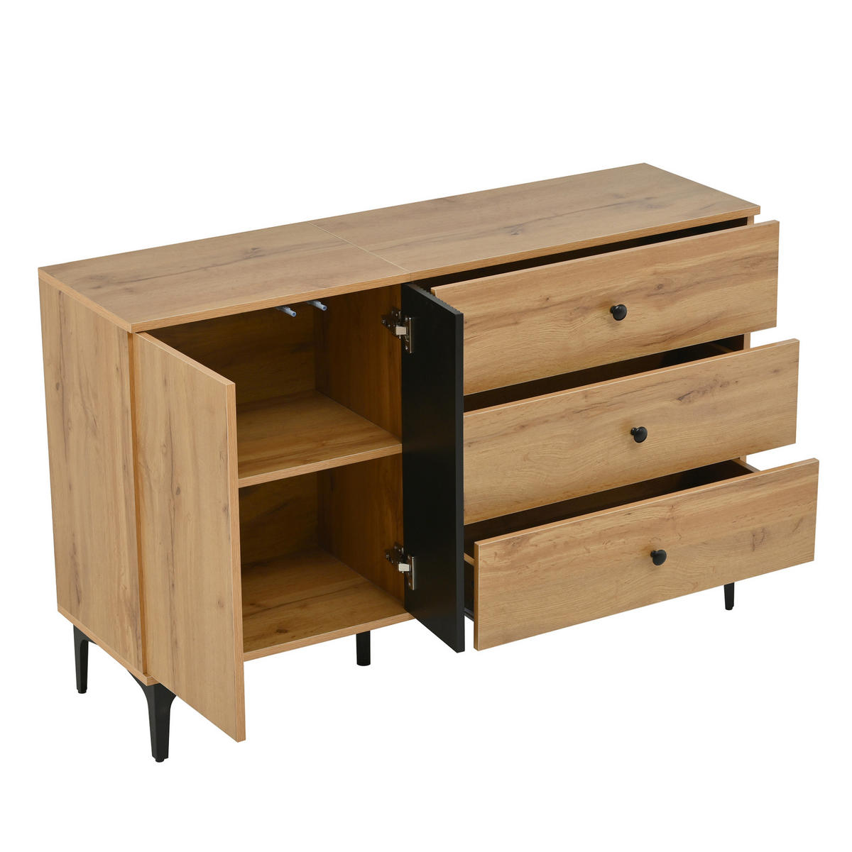 SIDEBOARD 120/35/76 cm aus Holzwerkstoff mit Schranktür, 3 Schubladen und Metallfüßen, Schwarz/Natur - Schwarz, Holzwerkstoff (120/76/35cm) - Redom