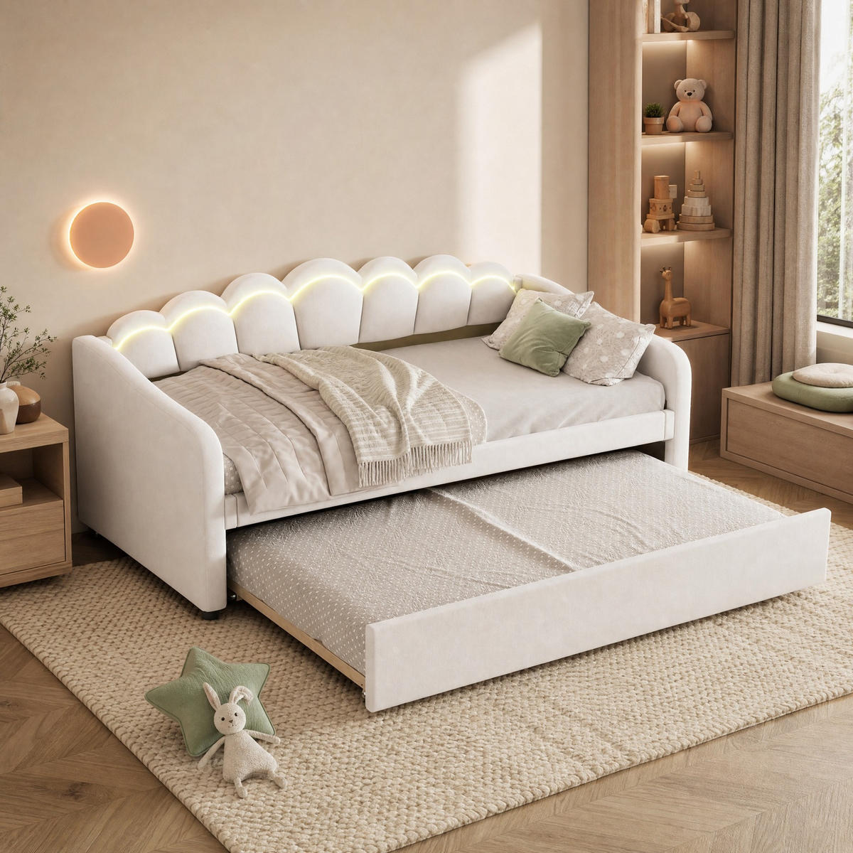 POLSTERBETT 90/200 mit ausziehbarem Rollbett, farbwechselndem LED-Licht, Samtbezug und MDF in Beige - Beige, Holzwerkstoff/Textil (90/200cm) - EVRYAE