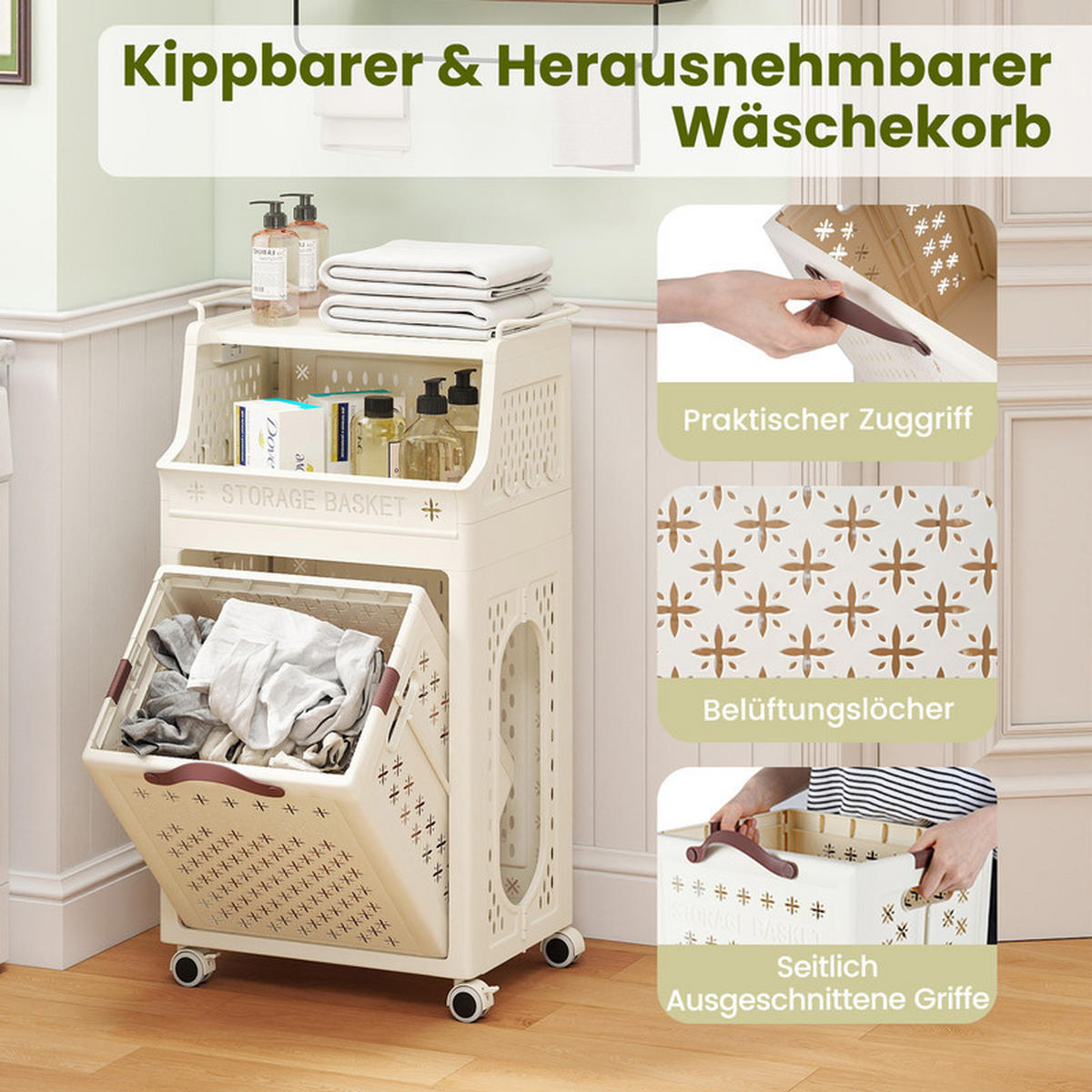 WÄSCHEKORBWAGEN Faltbarer beige - Beige, Kunststoff (44/78/29.5cm) - COSTWAY